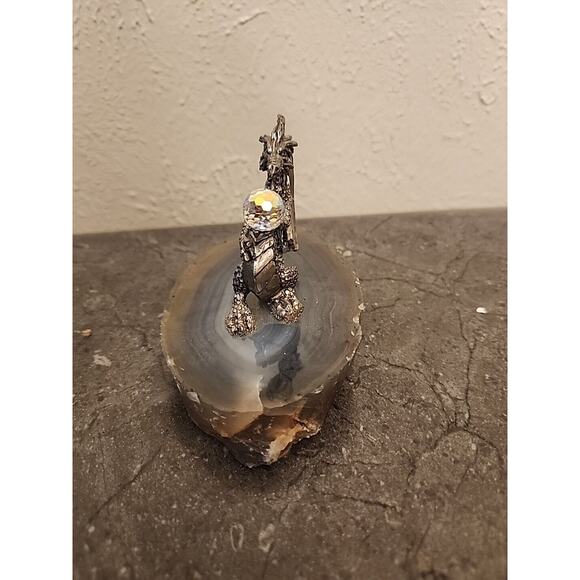 Pewter Dragon Crystal Ball Figure On Agate Slice Vtg‎ - Picture 4 of 6